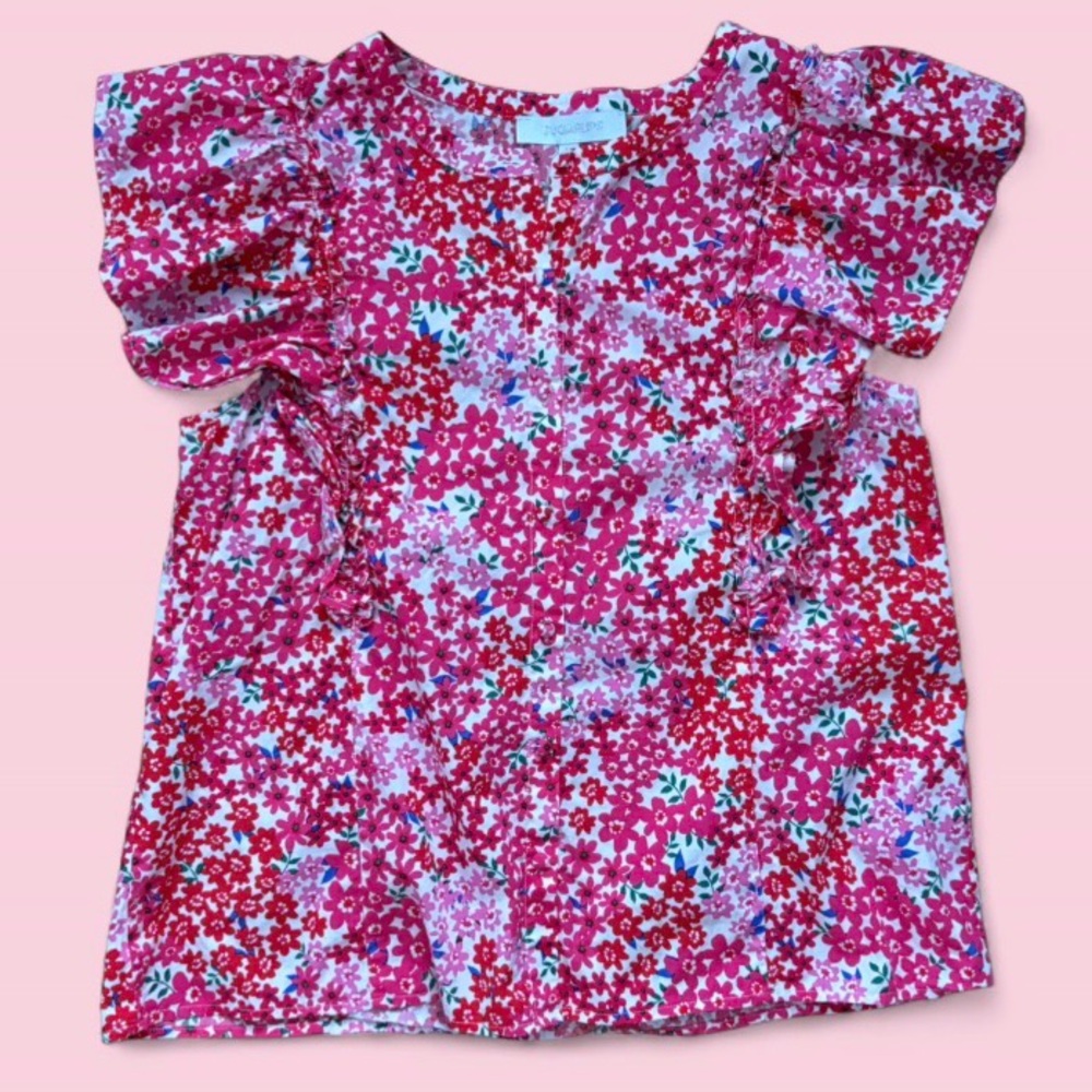 Sugar Lips Pink & Red Floral Ruffle Sleeve Button Up Blouse Size Medium